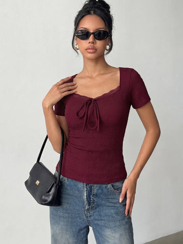 Smocked Lace Trim Tie Front T-Shirt