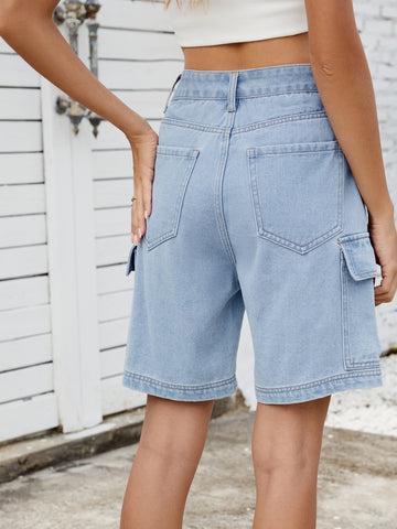 High Waisted Cargo Denim Shorts