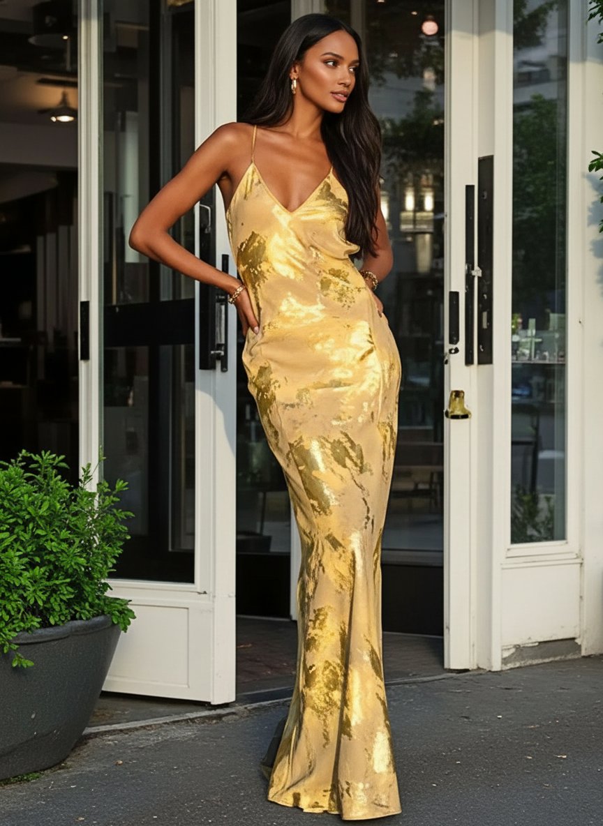 Metallic Sheen Deep V-Neck Maxi Evening Dress-Gold