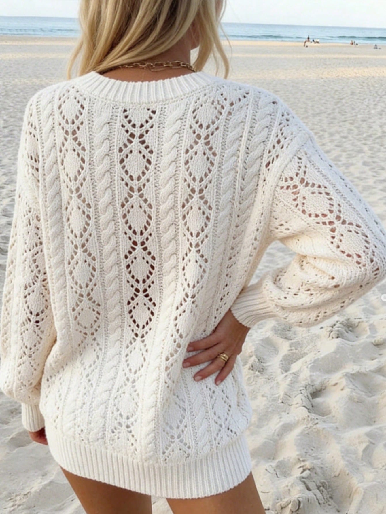 Chic Open Knit Crewneck Pullover Sweater