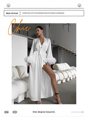 Feather Trim Satin Pajama Set