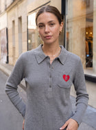 Embroidered Heart Ribbed Polo Sweater