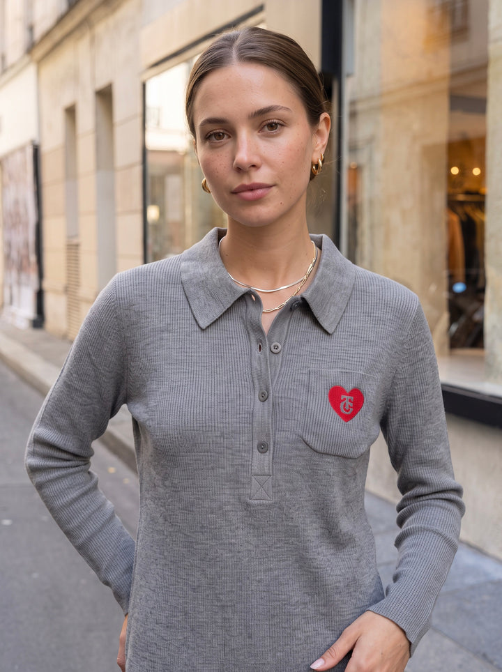 Embroidered Heart Ribbed Polo Sweater