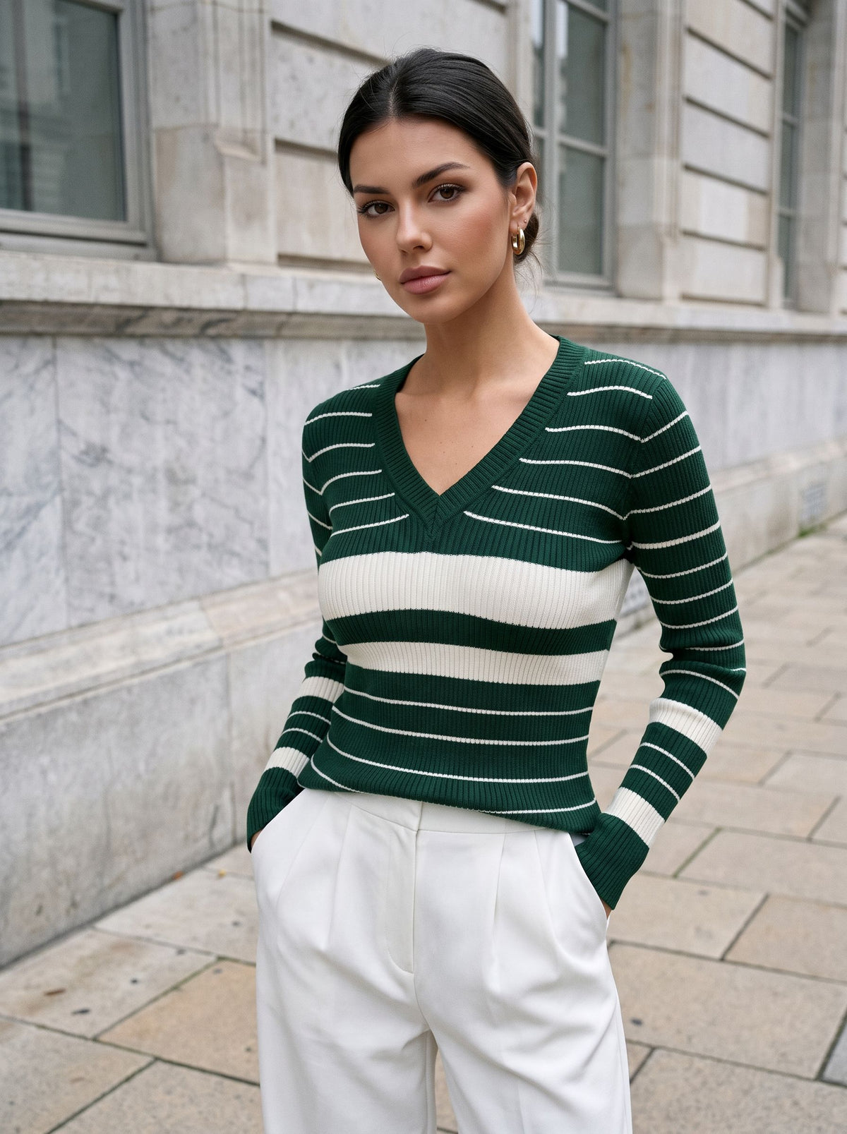 Slim Fit Striped V Neck Sweater