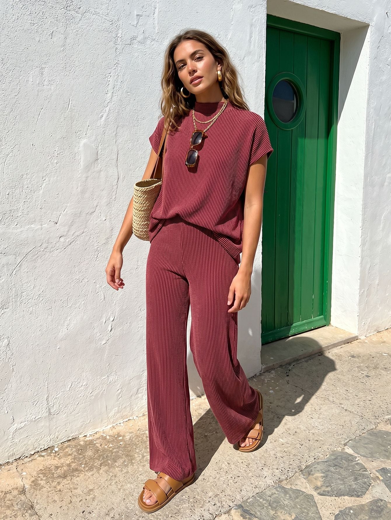Striped High Neck Wide Leg Pants Set