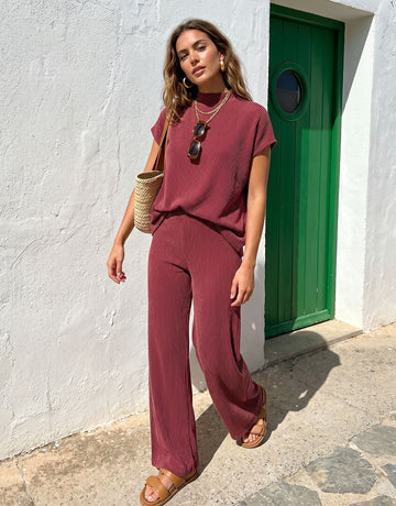 Striped High Neck Wide Leg Pants Set