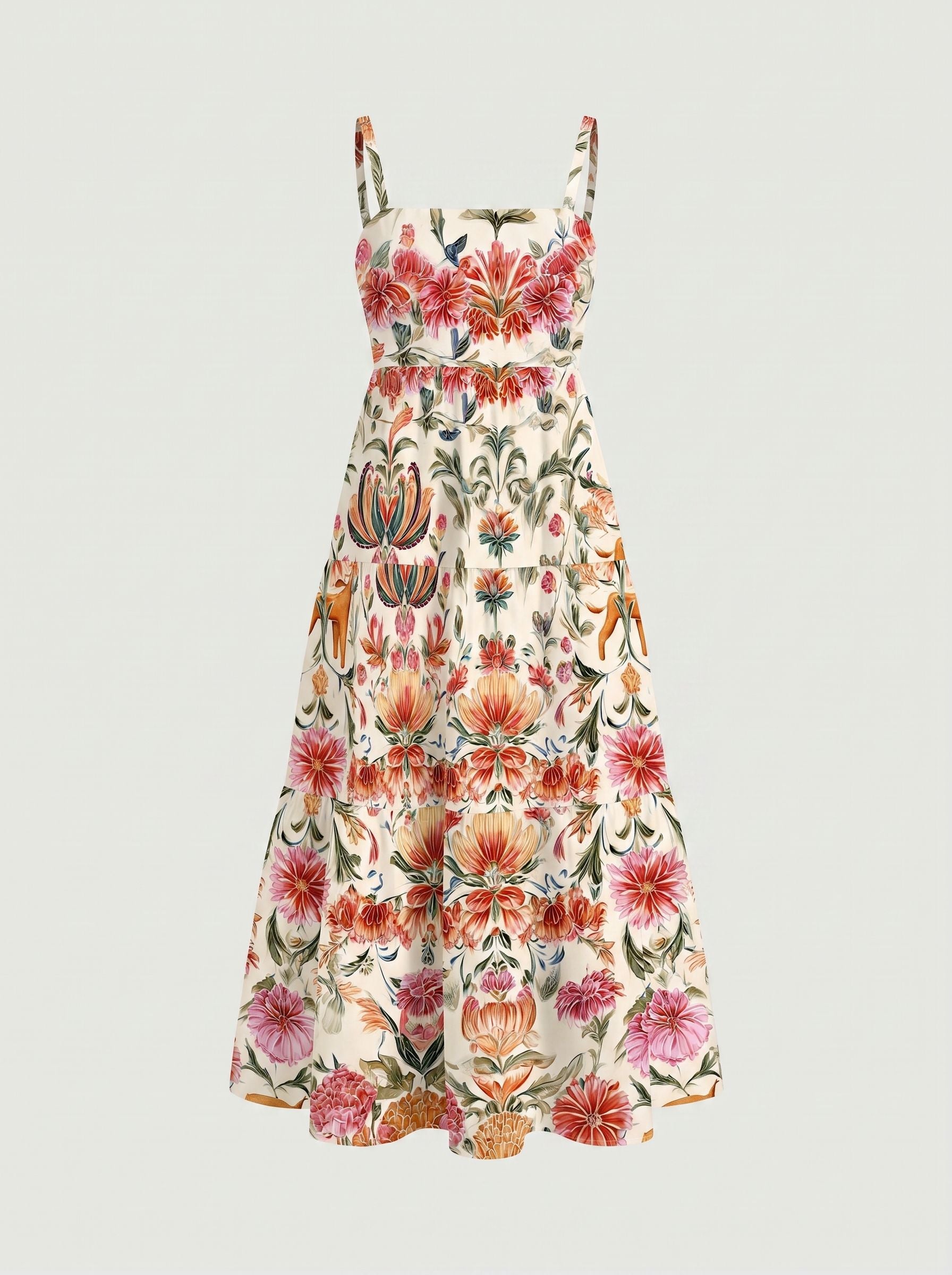FLORA Floral Print Tiered Strap Midi Dress