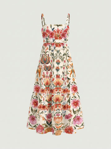 FLORA Floral Print Tiered Strap Midi Dress