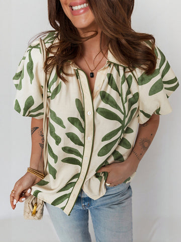 Leaf Print Puff Sleeve Shirt