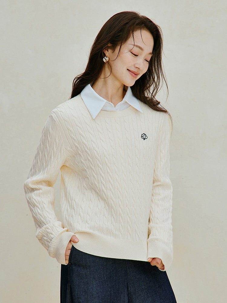 Embroidered Cable Knit Wool Blend Sweater