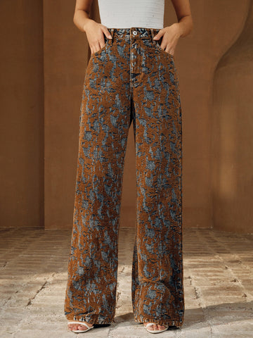 High Waisted Distressed Pattern Jeans