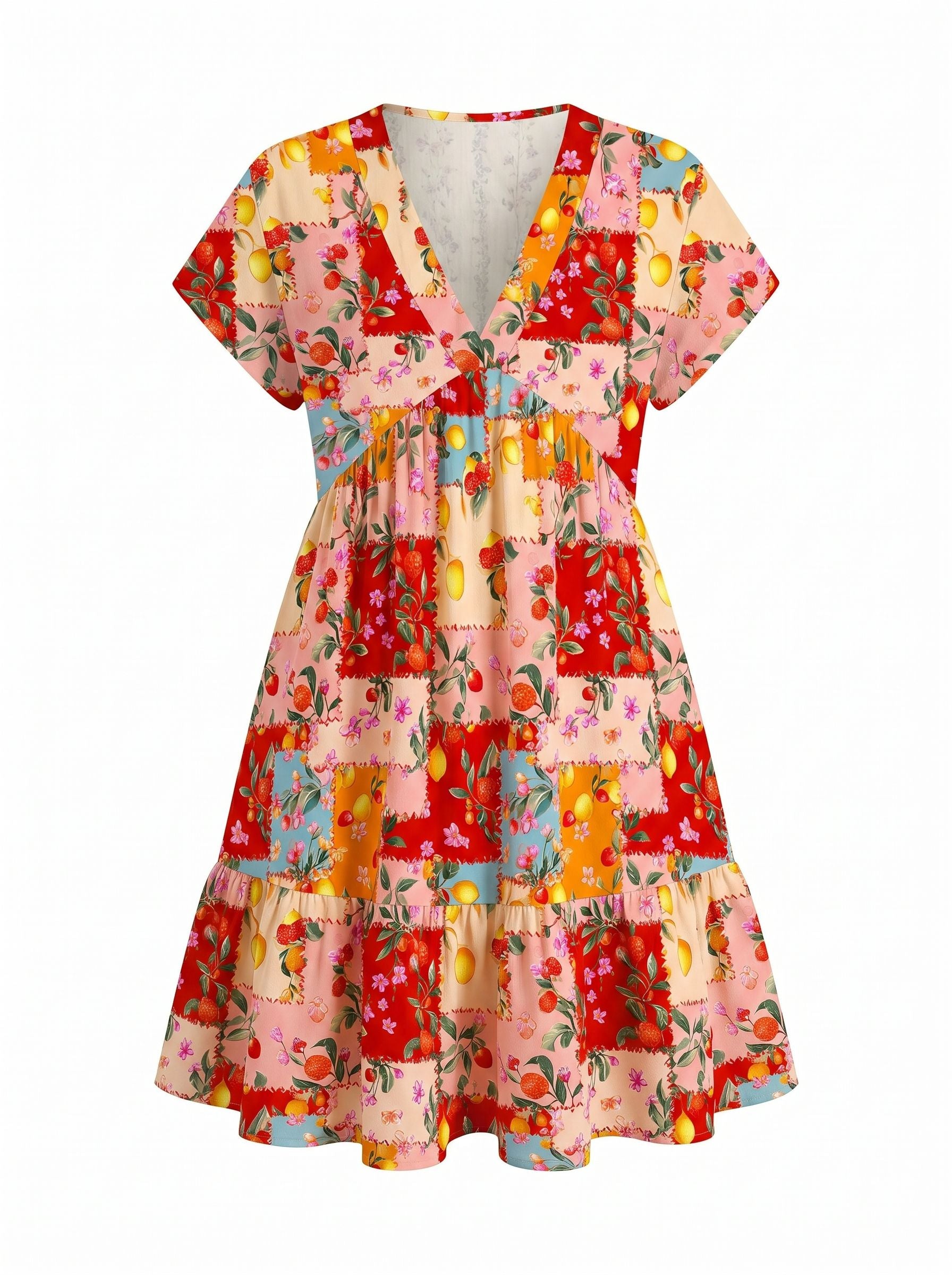 EVA Floral Print V Neck Tiered Babydoll Mini Dress