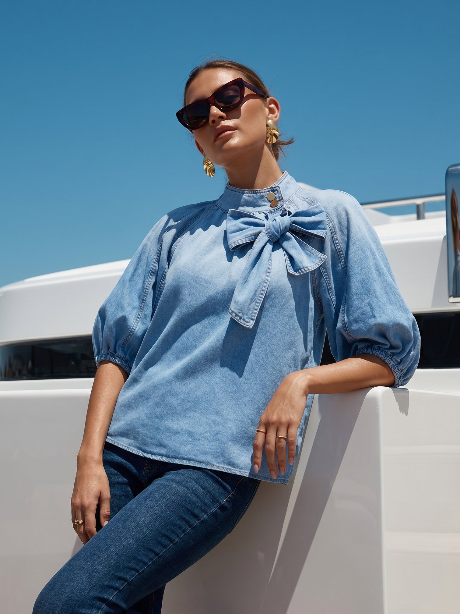 Bow Detail Puff Sleeve Denim Blouse