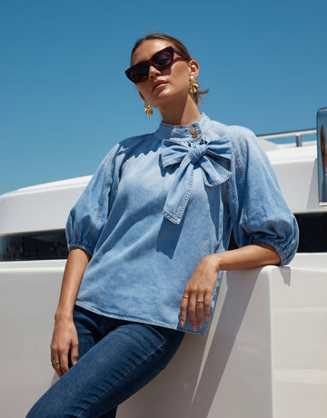 Bow Detail Puff Sleeve Denim Blouse