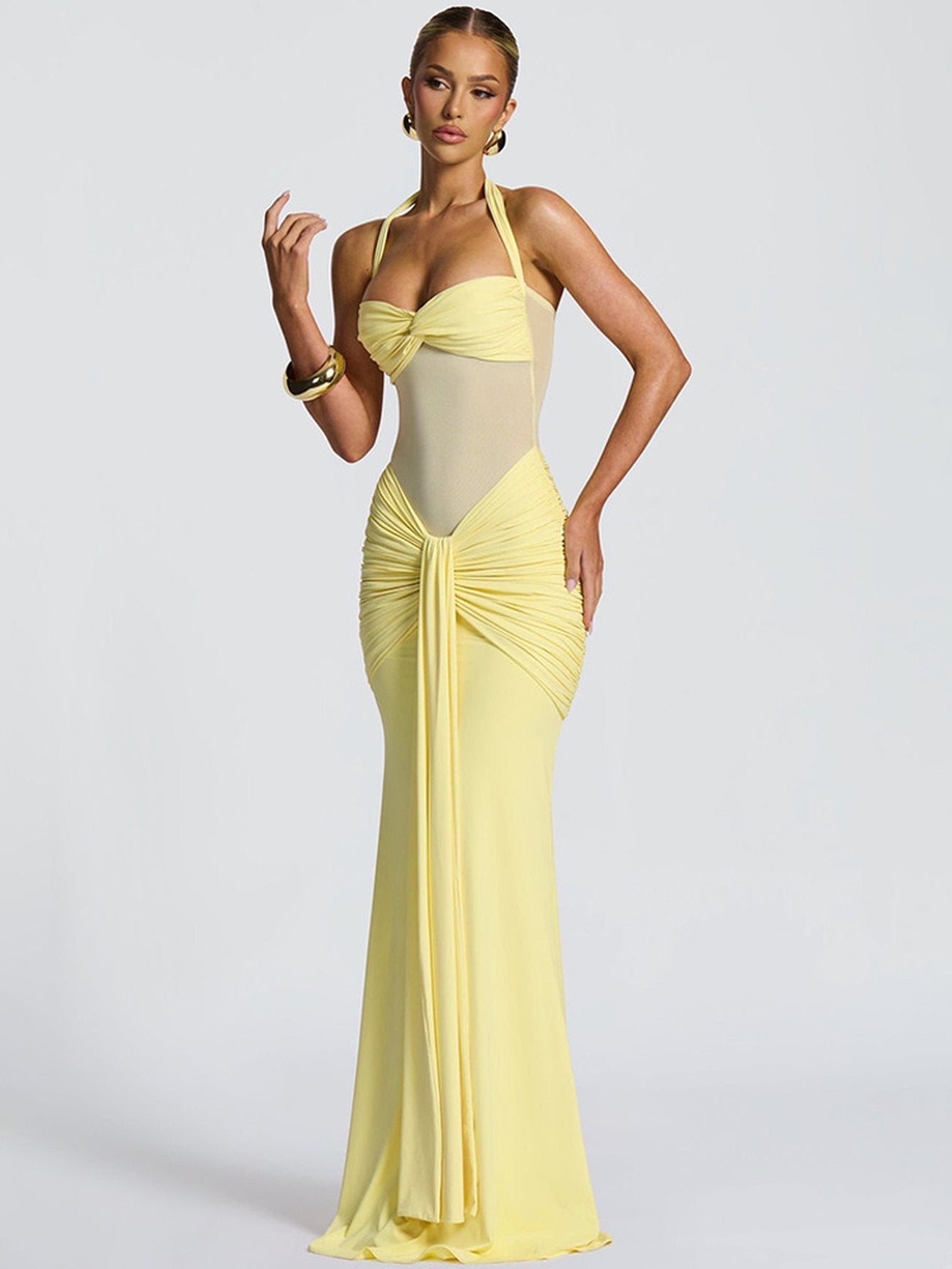 Sexy Halter Mesh Insert Maxi Dress
