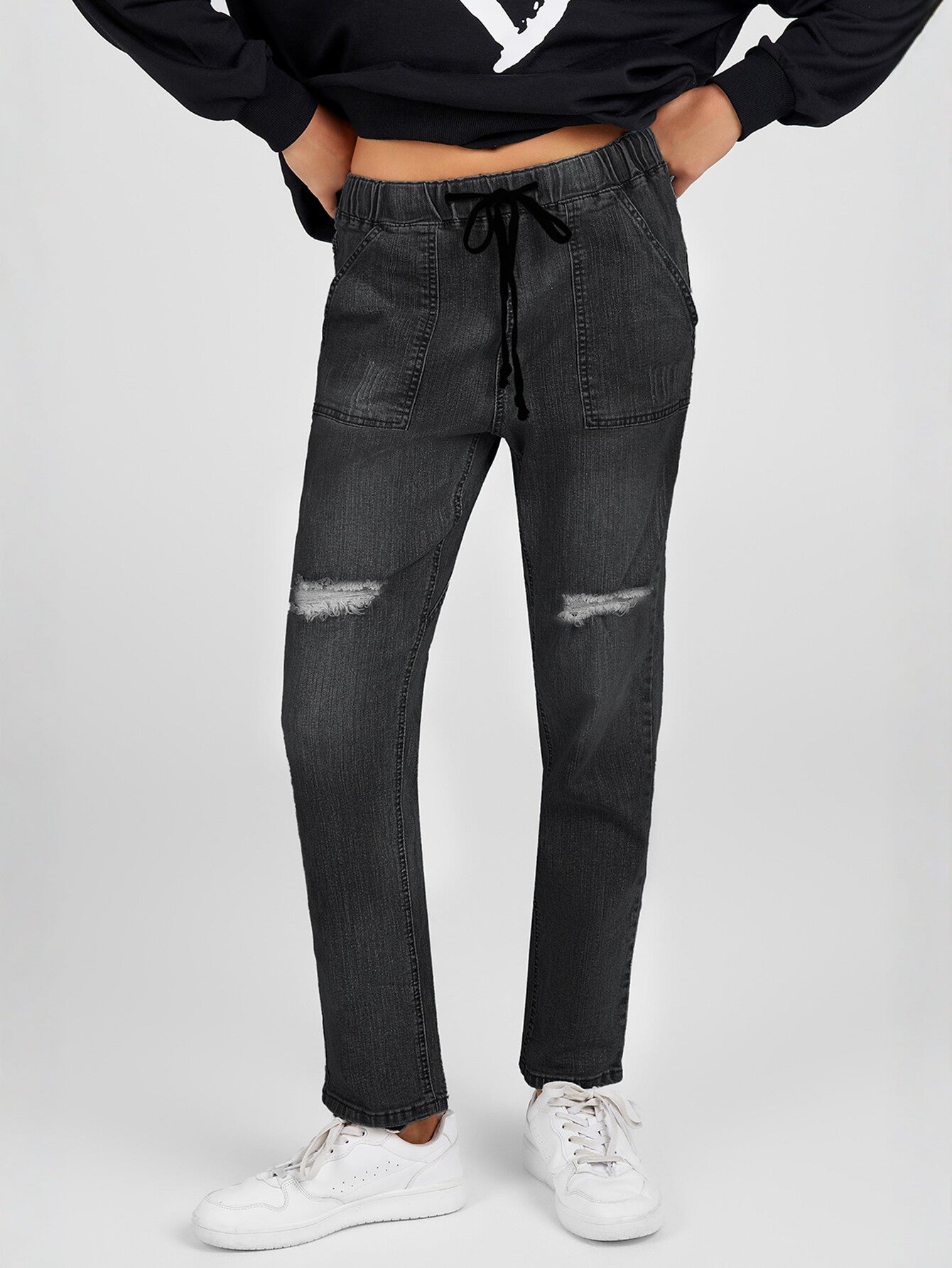 High Waist Drawstring Detail Jeans