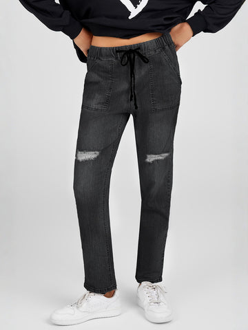 High Waist Drawstring Detail Jeans