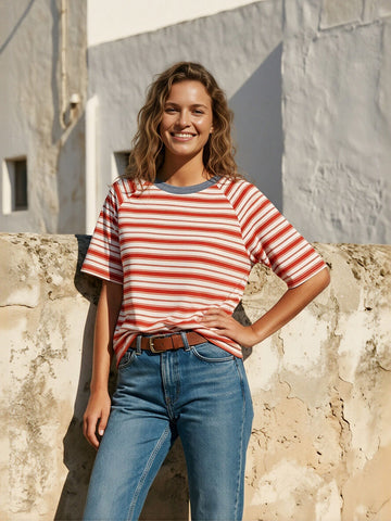 Relaxed Striped Raglan Sleeve T-Shirt