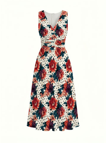 CORINNE
Floral Print V Neck A Line Midi Dress