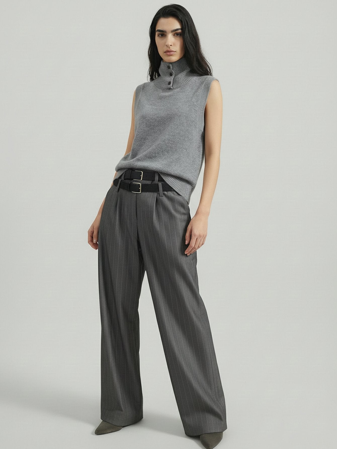 SAÏA Pinstripe High-Waisted Tailored Pants-Gray