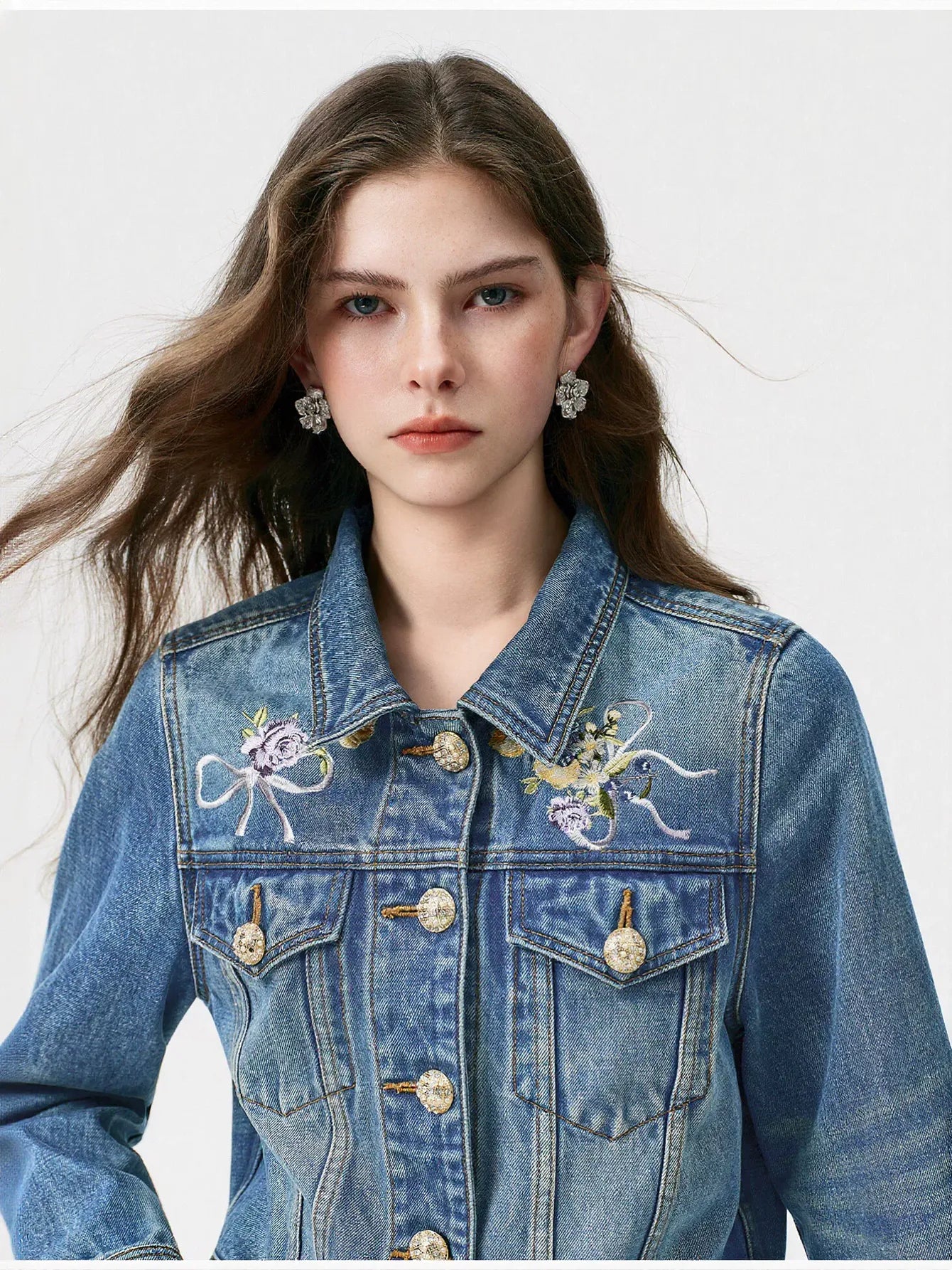 Embroidered Floral Gold Button Denim Jacket