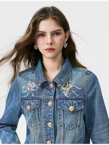 Embroidered Floral Gold Button Denim Jacket