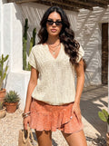 Textured V Neck Crochet Knit Sweater