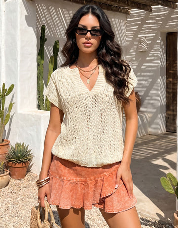 Textured V Neck Crochet Knit Sweater