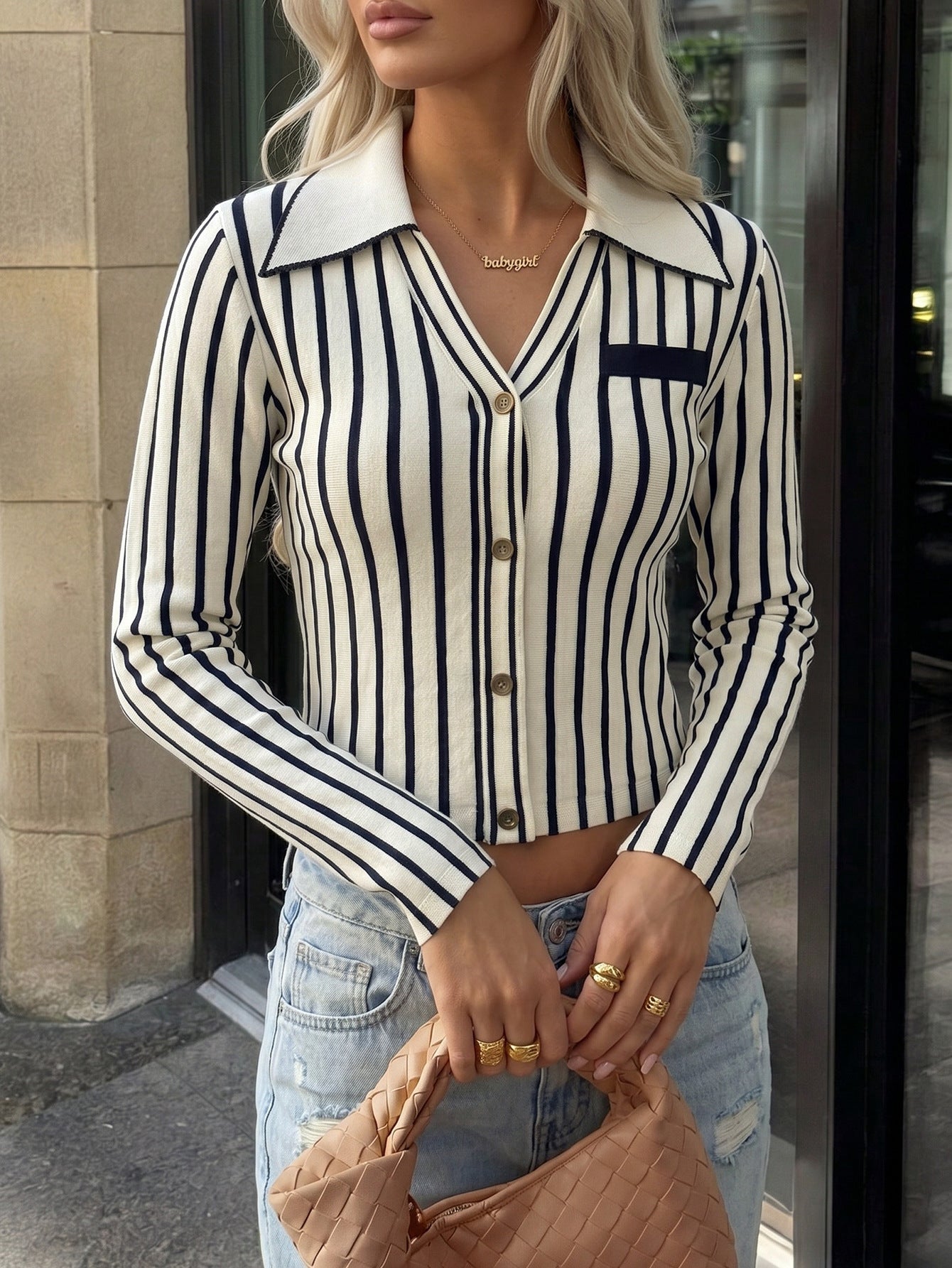 Elegant Striped Collared Knit Cardigan