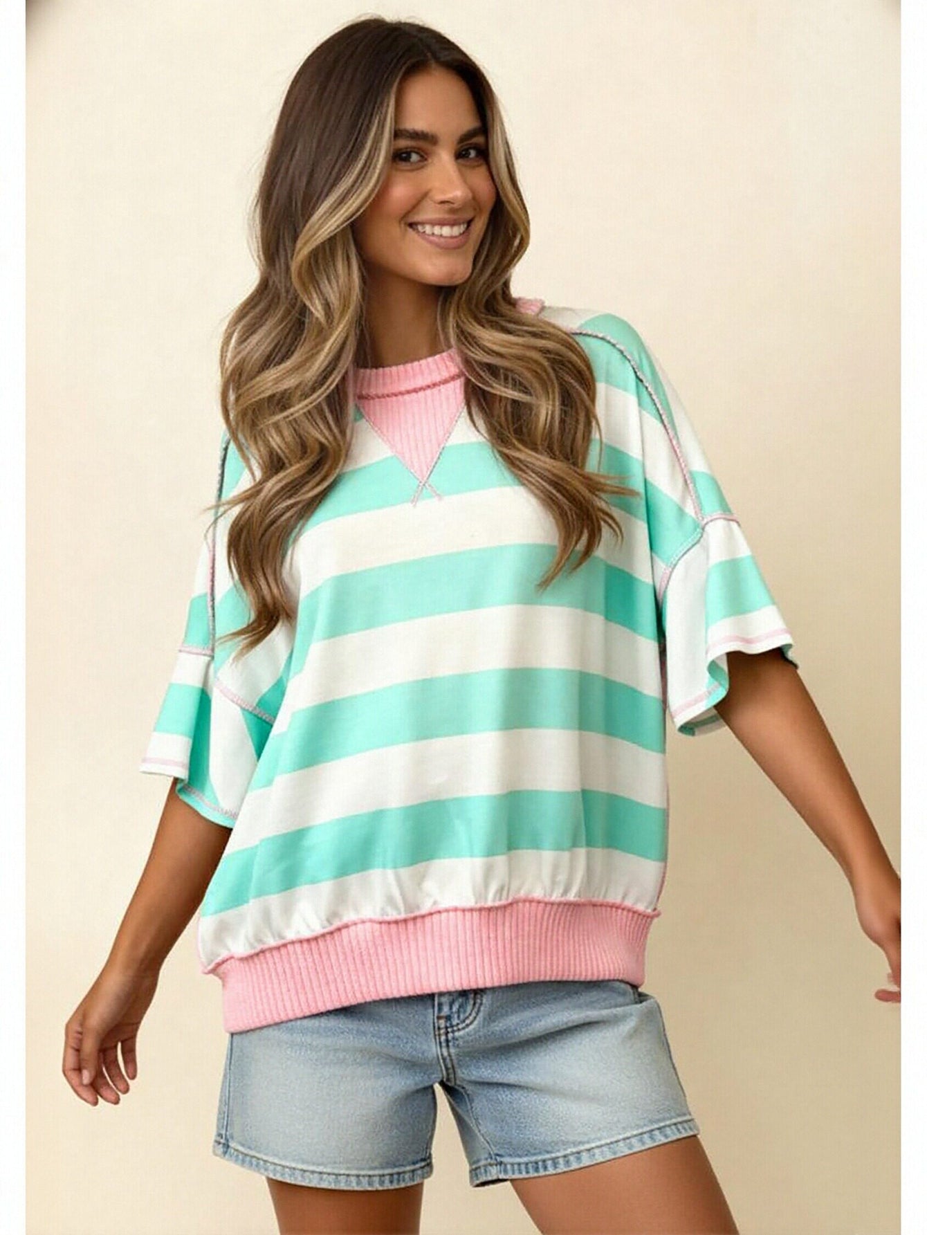 Oversized Striped Contrast Trim T Shirt