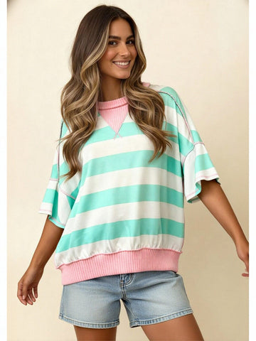 Oversized Striped Contrast Trim T Shirt