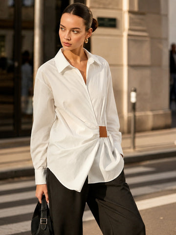 Elegant Ruched Waist Button Down Shirt