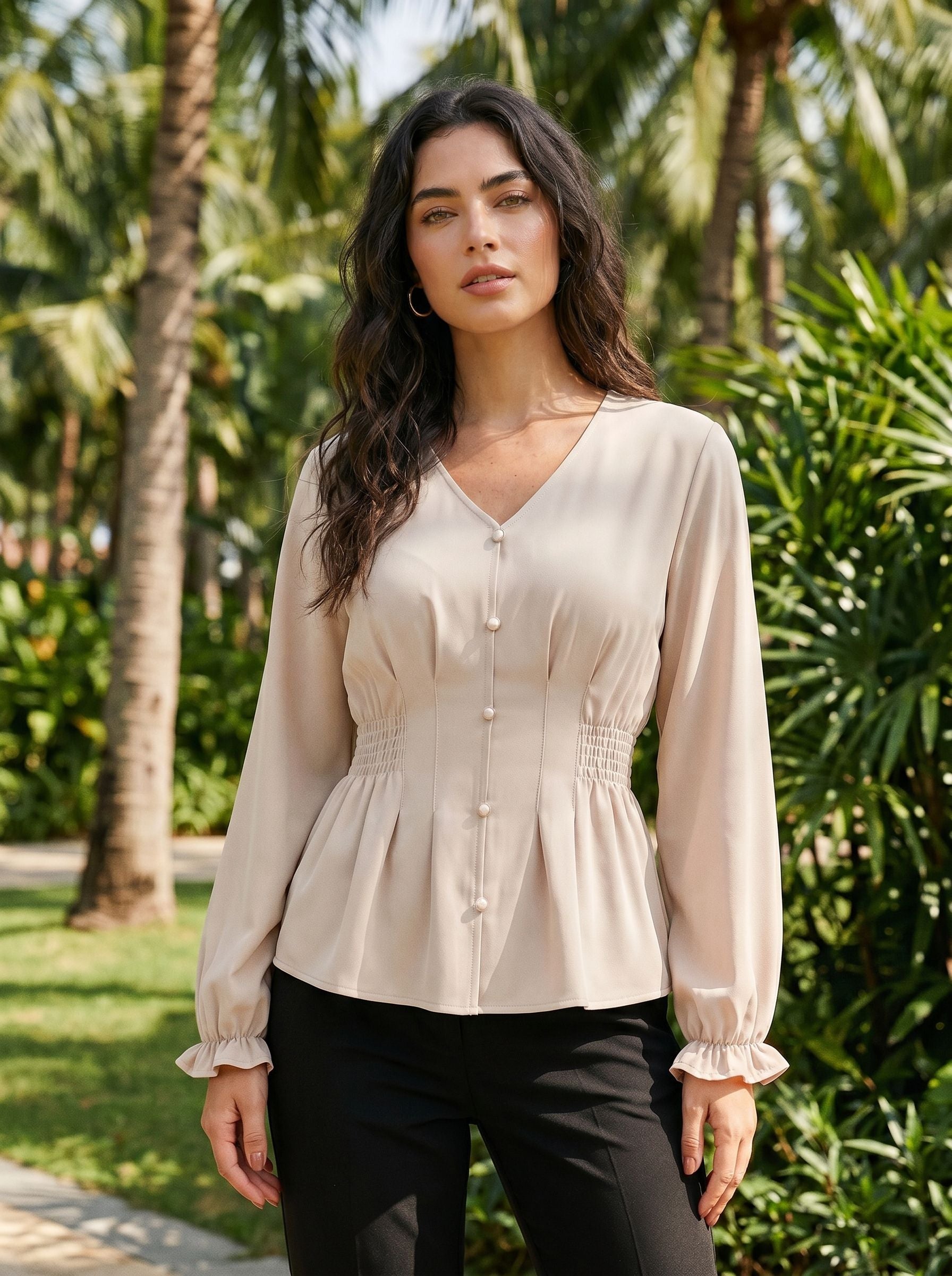 Elegant V Neck Smocked Chiffon Blouse