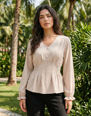Elegant V Neck Smocked Chiffon Blouse