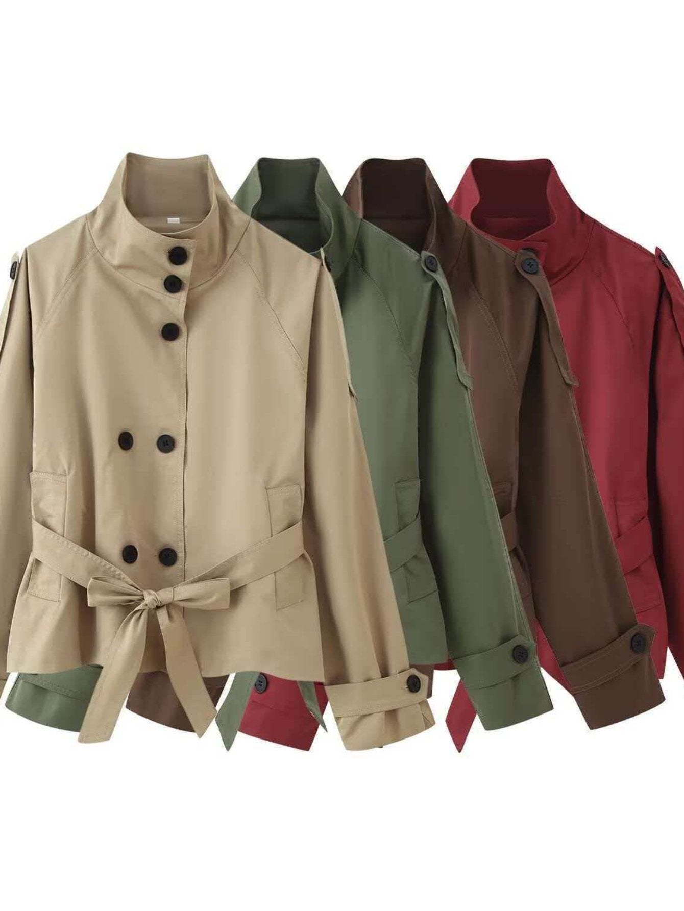 Cropped Belted Stand Collar Trench Coat