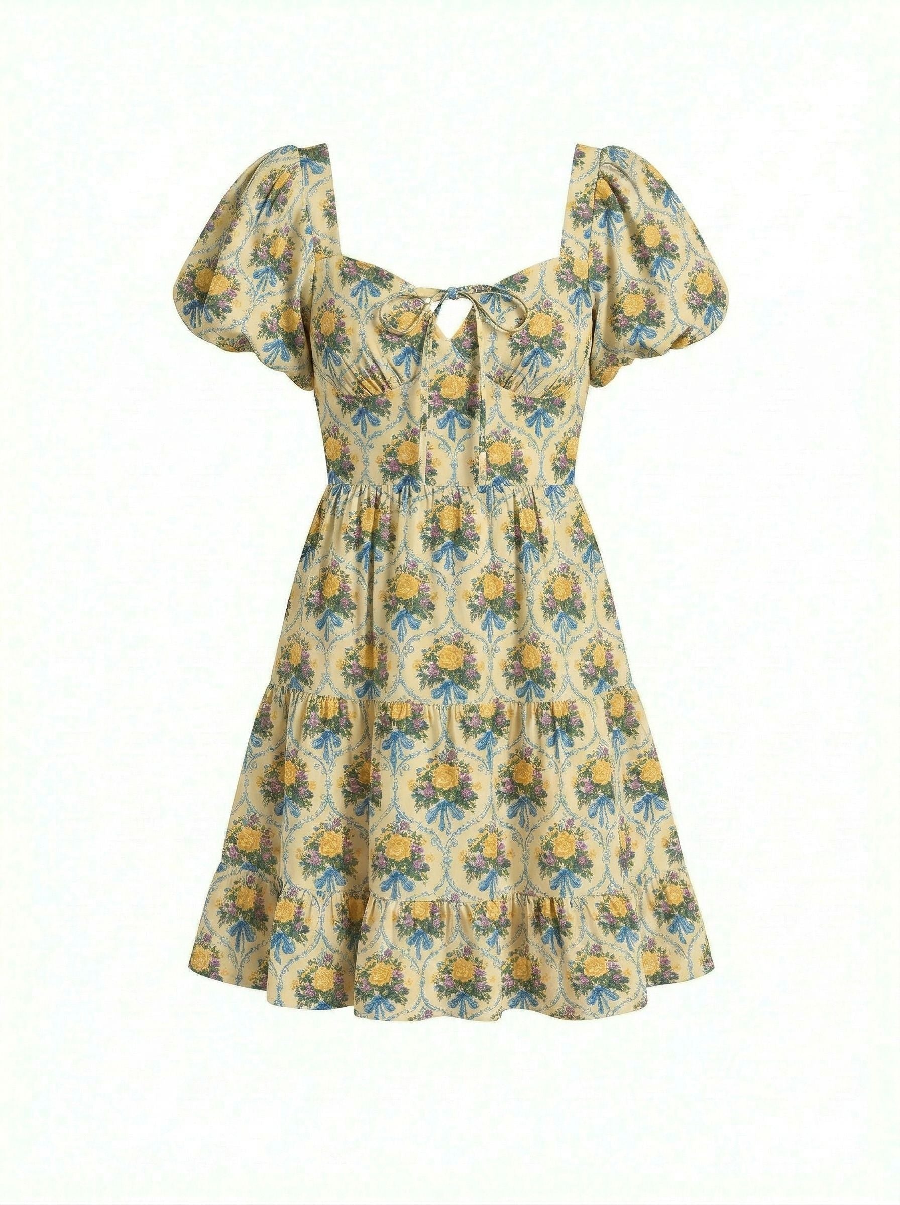Floral Print Puff Sleeve Tiered Mini Dress