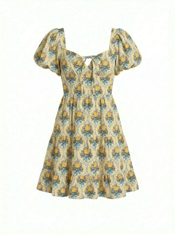 Floral Print Puff Sleeve Tiered Mini Dress