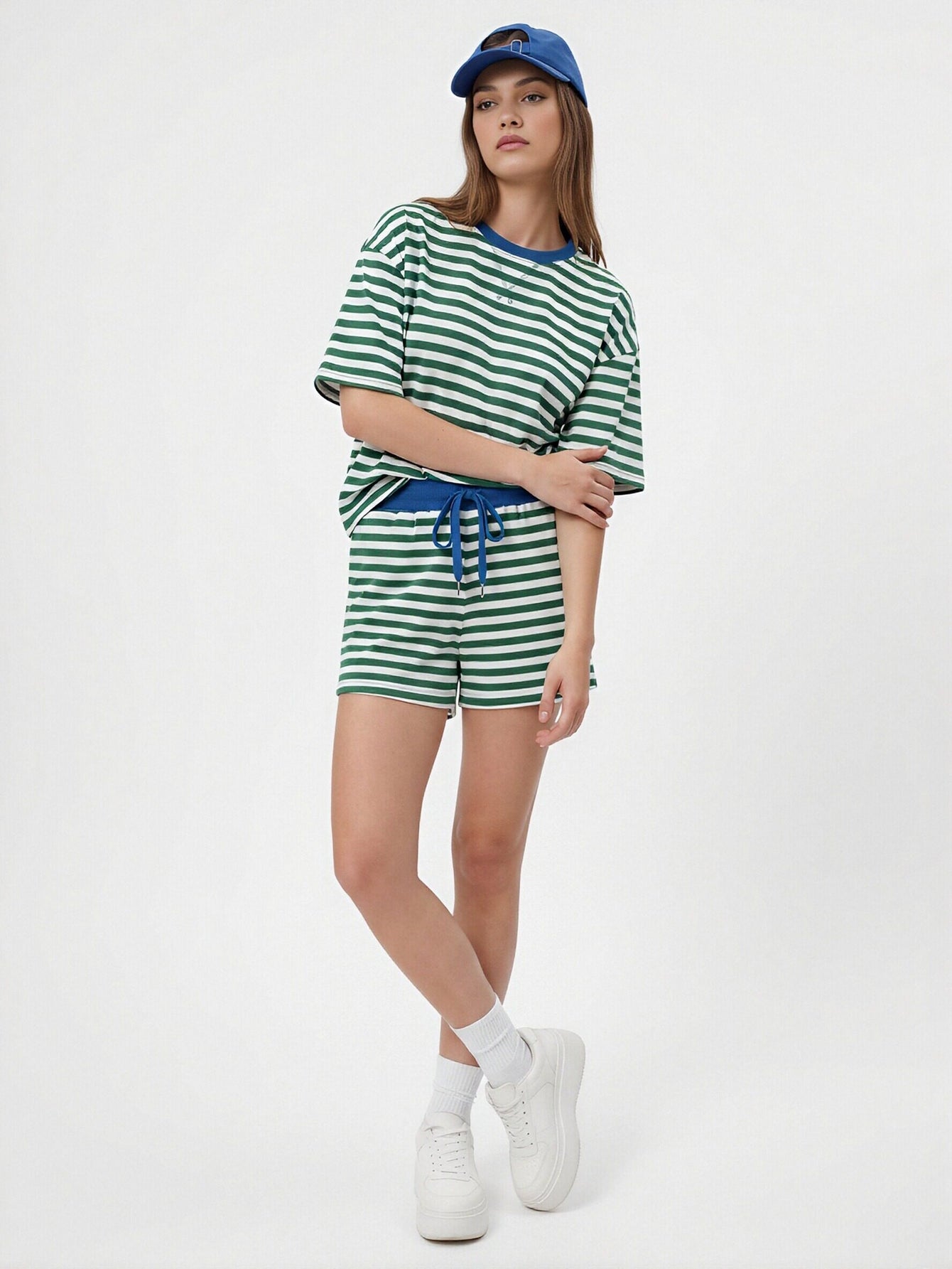 Striped Drawstring Waist Short Set