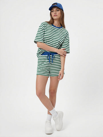 Striped Drawstring Waist Short Set