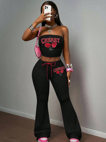 Graphic Cherry Print Matching Set