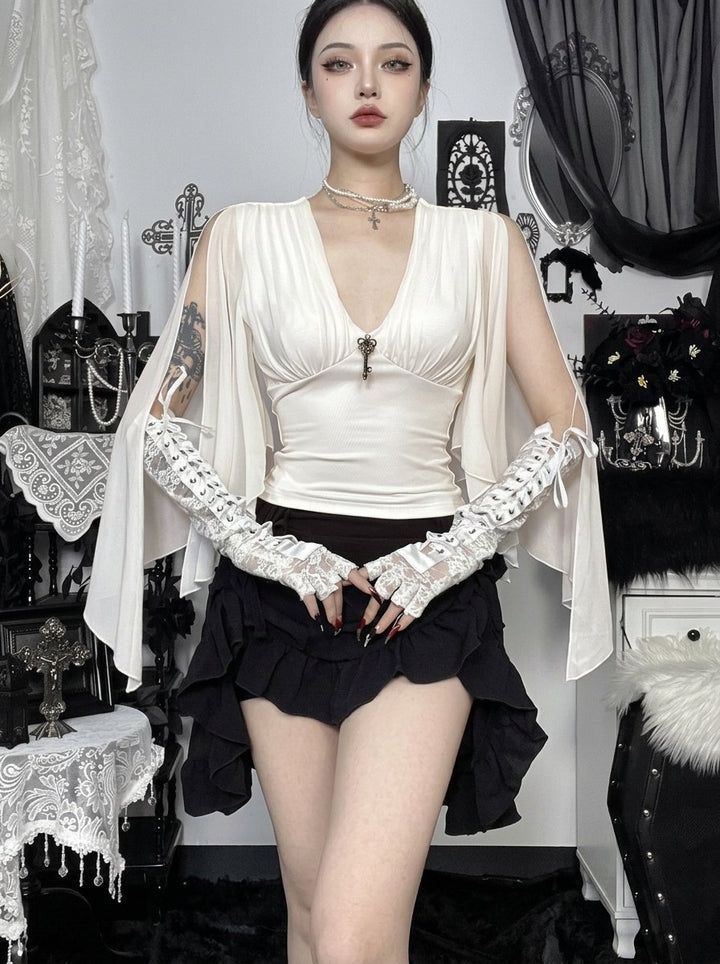 Elegant Draped Flutter Sleeve Chiffon Blouse