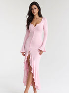 Button Front Ruffle Midi Dress