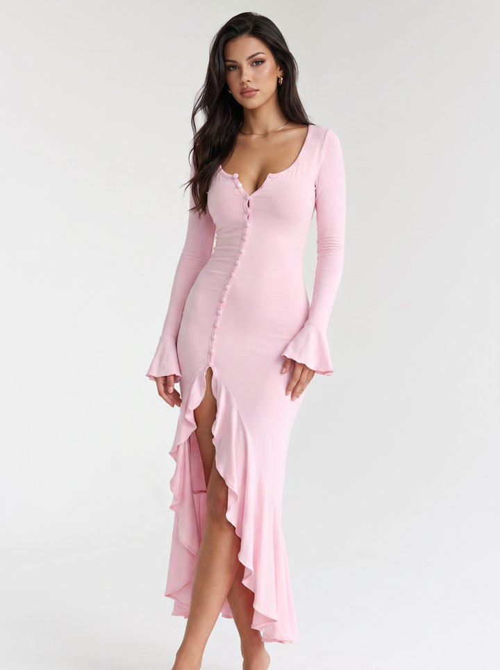 Button Front Ruffle Midi Dress