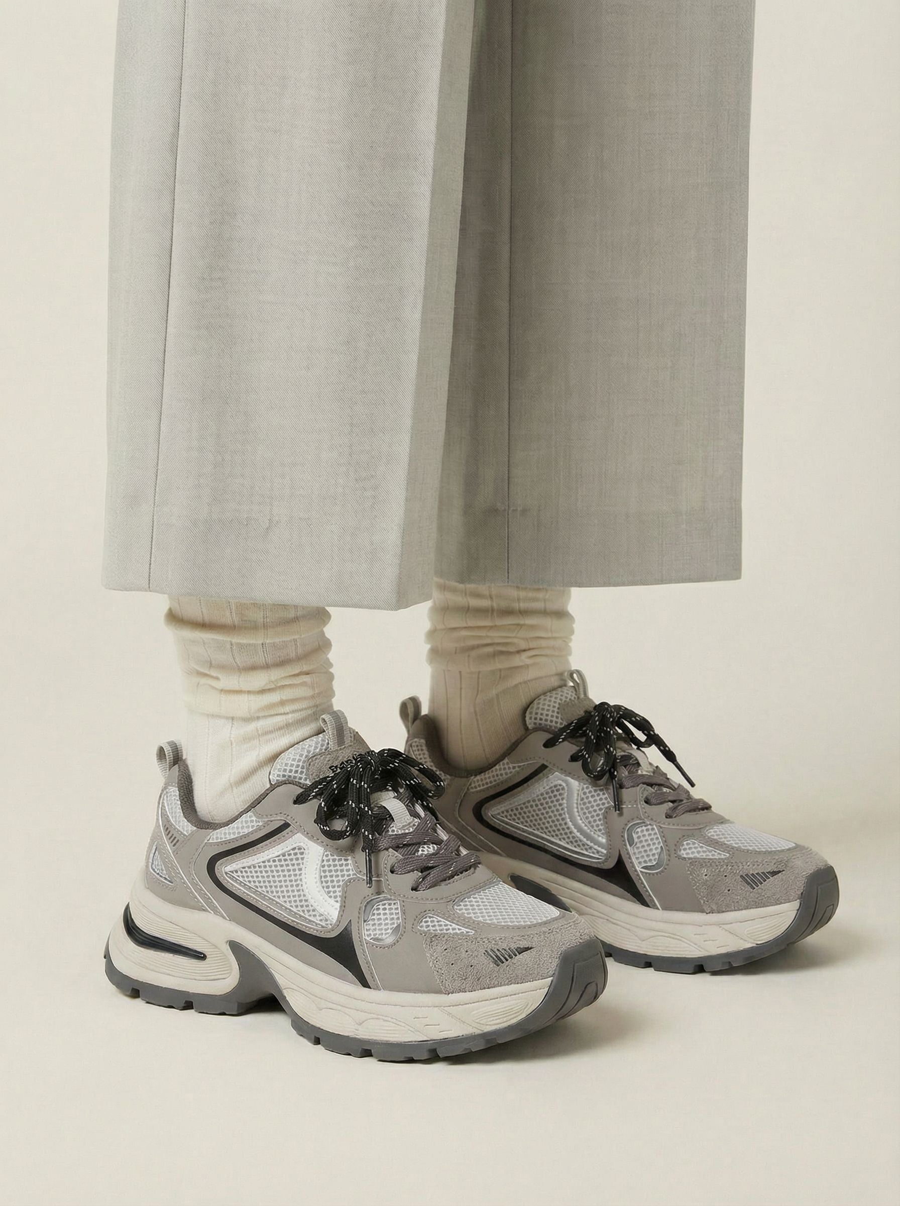 Mesh Upper Chunky Sole Vintage Sneakers-Gray