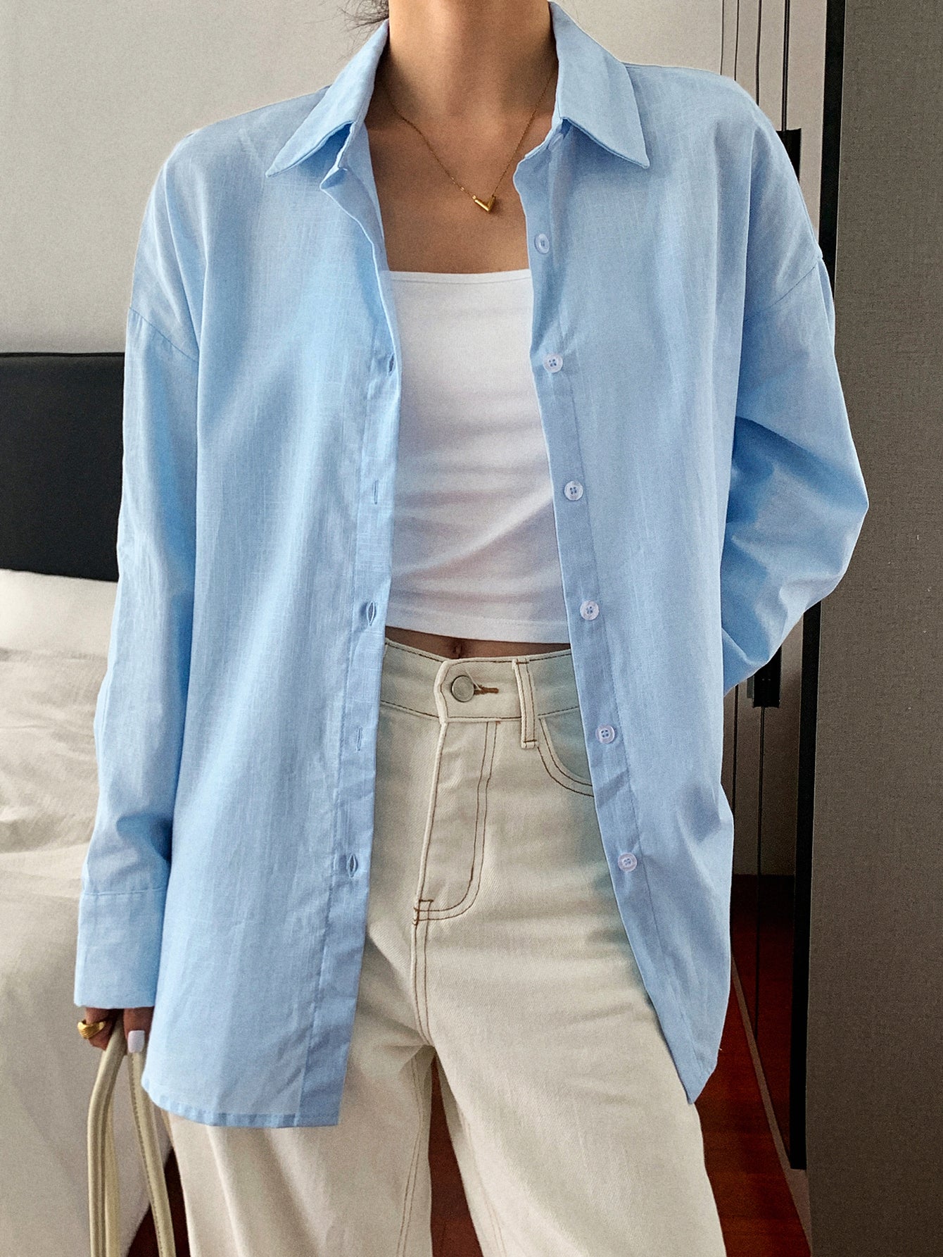 Relaxed Fit Classic Collar Casual Shirt-Light Blue