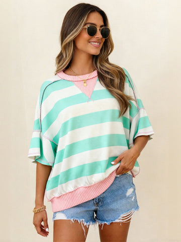 Oversized Striped Contrast Trim T Shirt