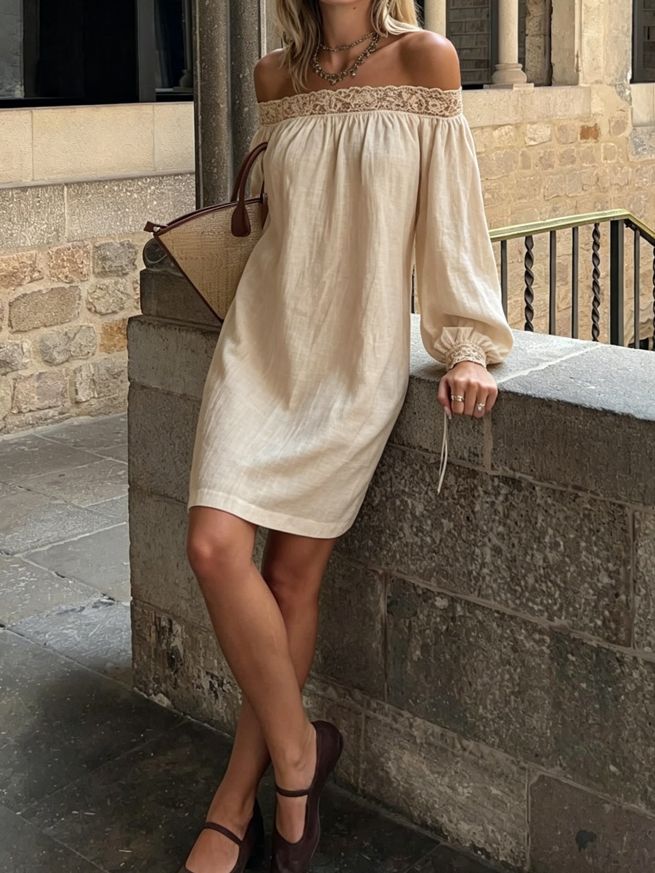 Off The Shoulder Lace Linen Dress