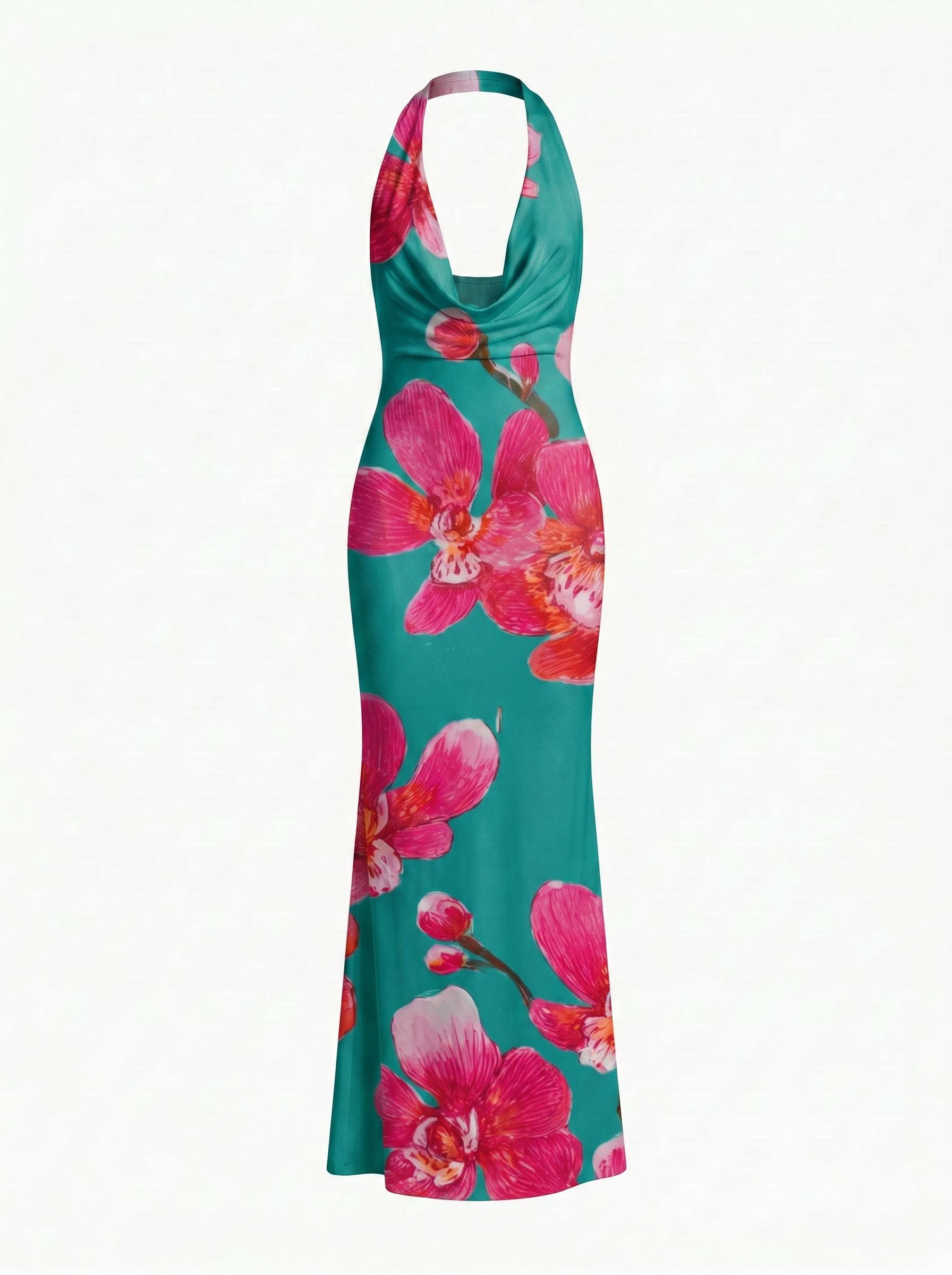 LILA Floral Print Cowl Neck Bodycon Midi Dress