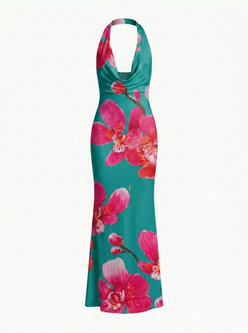 LILA Floral Print Cowl Neck Bodycon Midi Dress