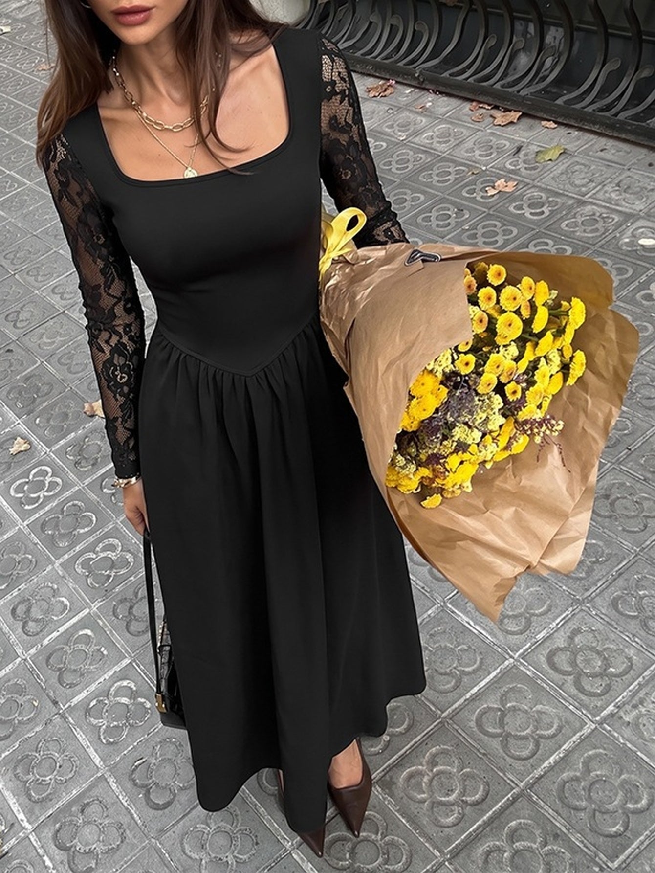 Elegant Lace Sleeve Square Neck Dress